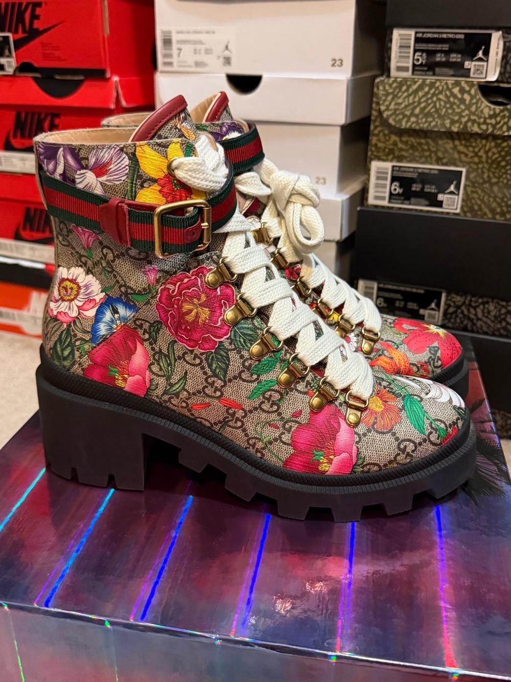 Gucci Floral Canvas Lug Boot in Beige, Red & Green - Picture 3 of 5